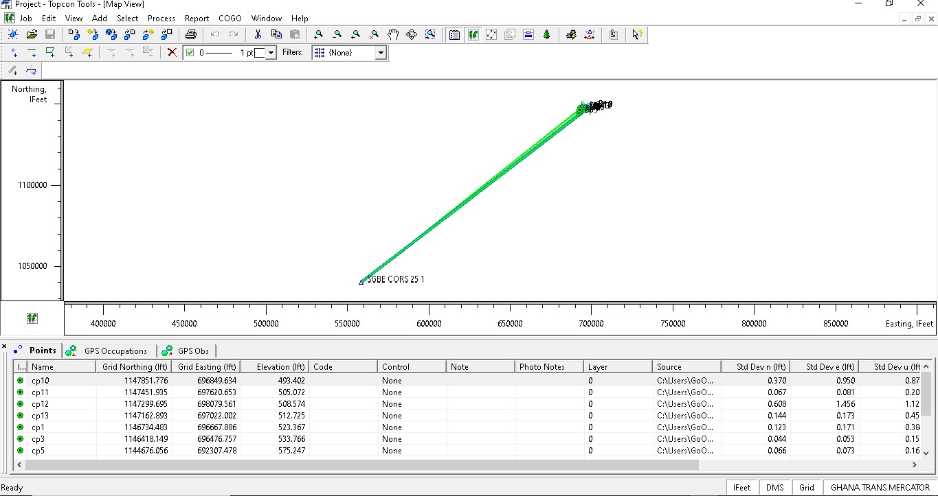 Topcon Tools map view showing CORS reference and processed survey observations